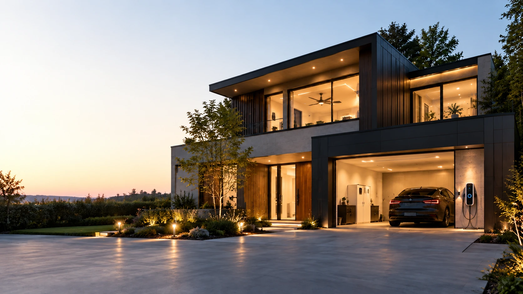 Illustrative modern home with warm architectural lighting