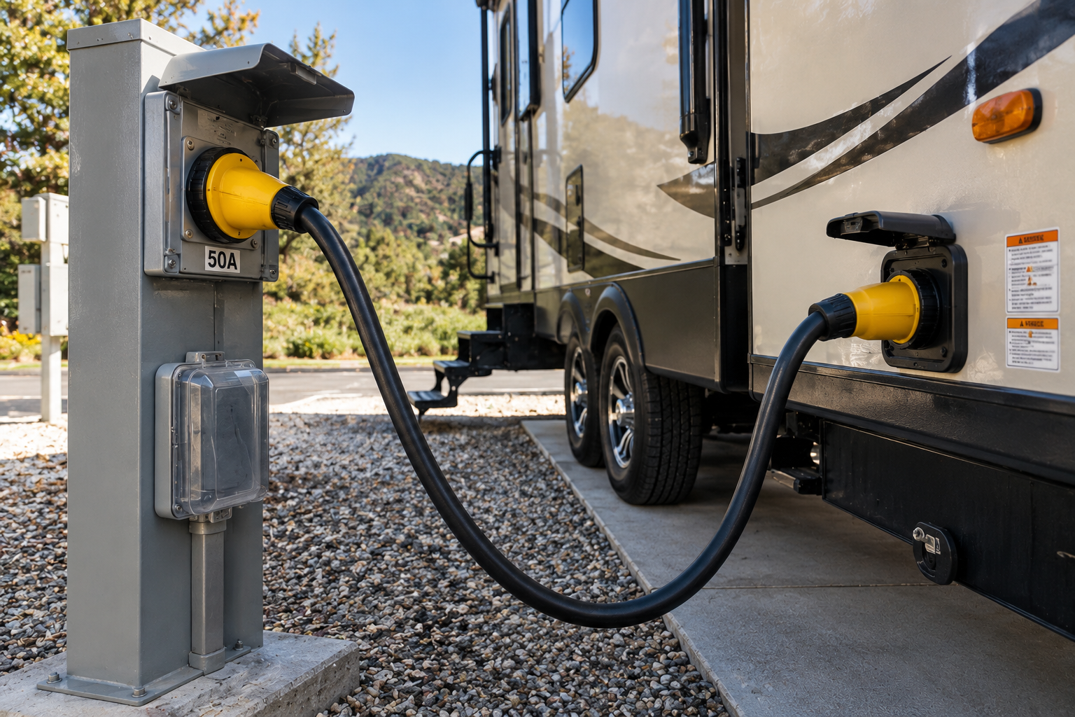Illustrative 50-amp pedestal receptacle supplying a recreational vehicle